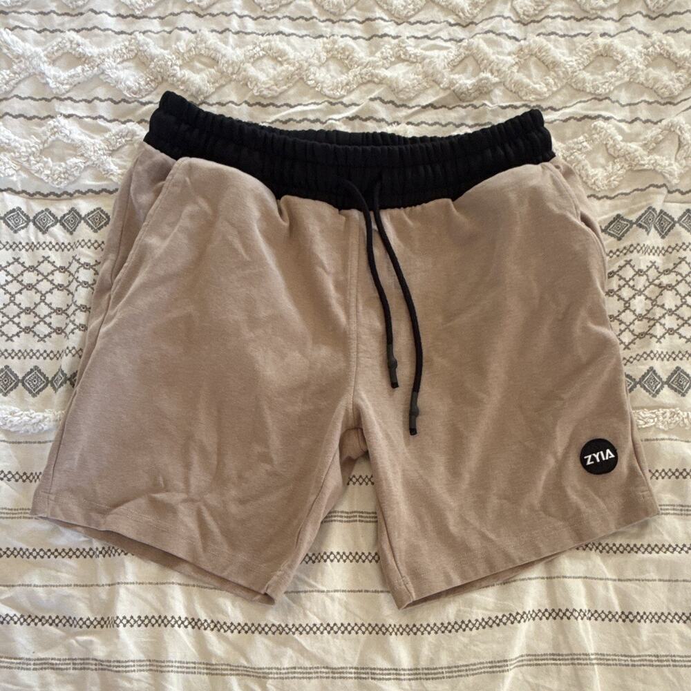 ZYIA Men’s Athletic Shorts L Beige/Black Jersey Cotton Drawstring Pockets